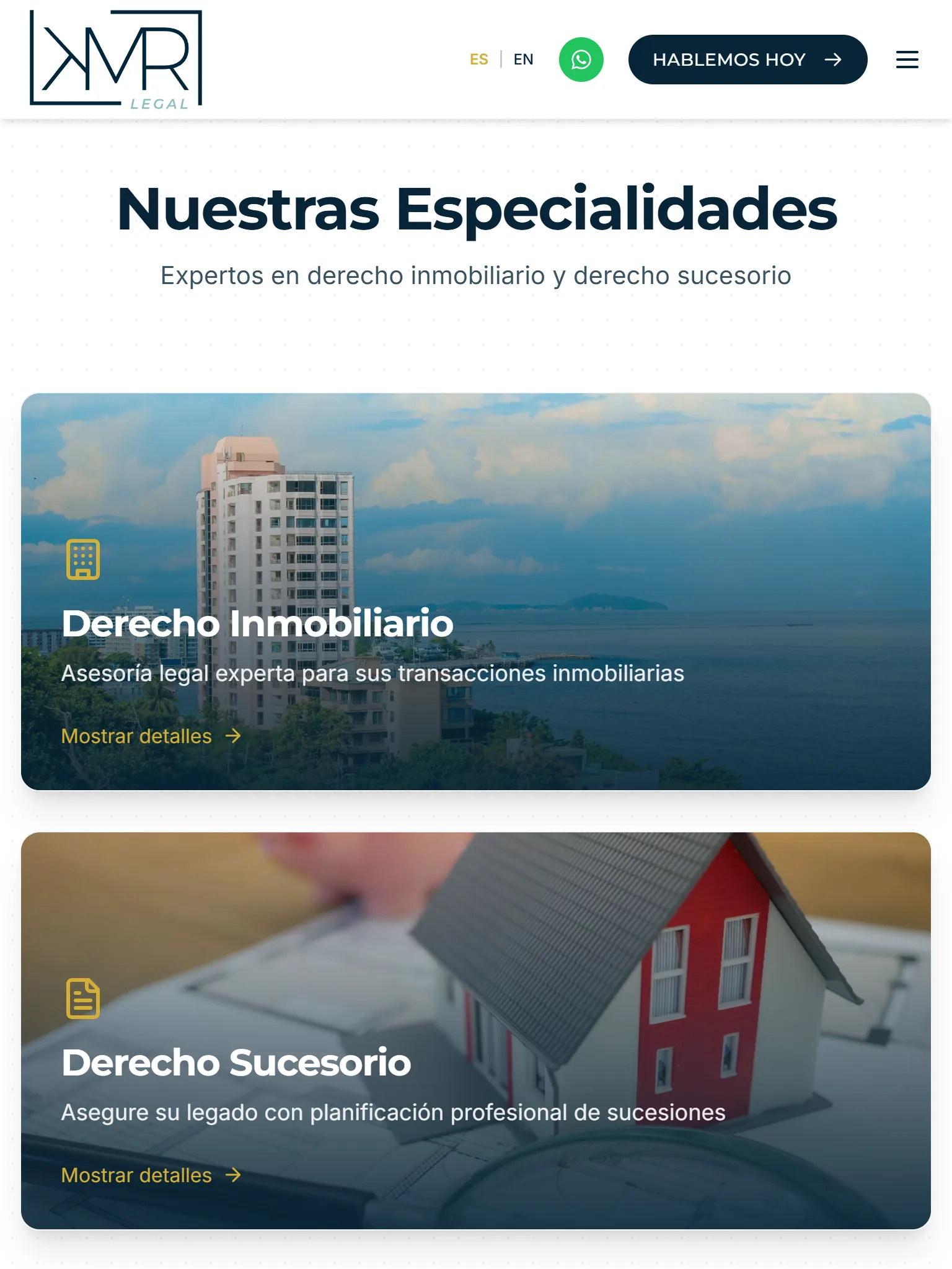 KMR Legal Spanish website, showing the Nuestras Especialidades section with Derecho Inmobiliario and Derecho Sucesorio.