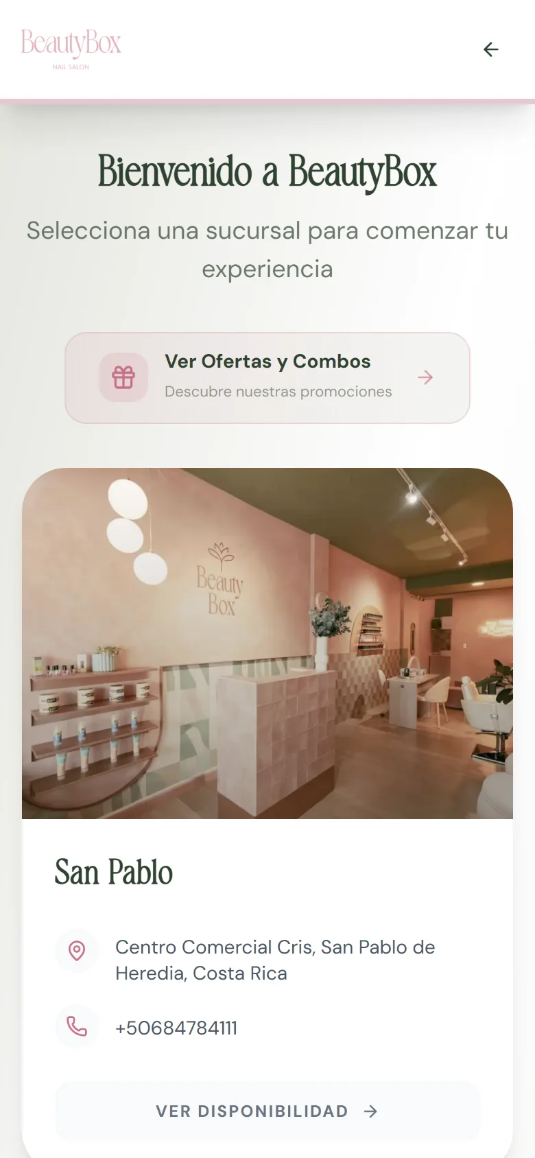 El flujo de reservas de BeautyBox, funcionando con Booka: el cliente elige una sucursal para empezar su reserva.