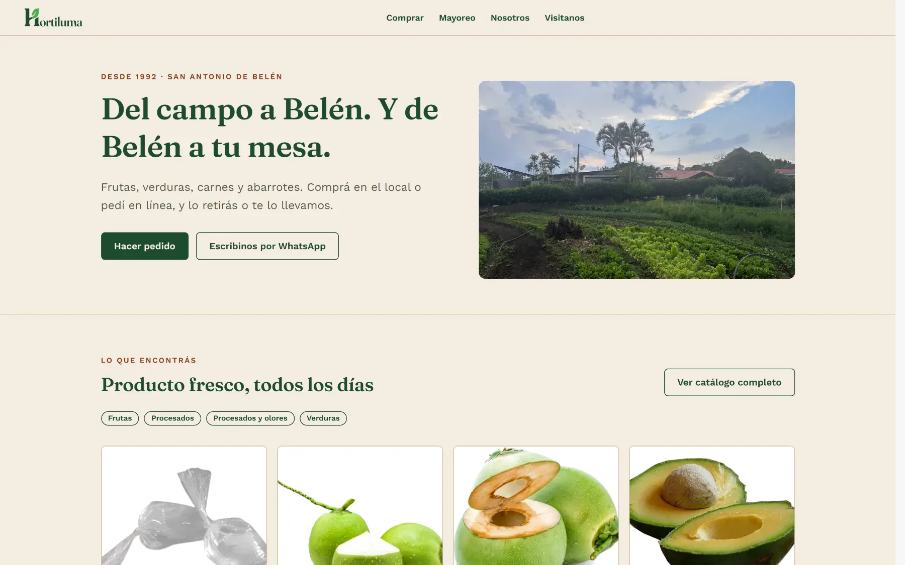 La tienda en línea de Hortiluma, funcionando con Farol: catálogo de productos frescos con pedidos en línea.
