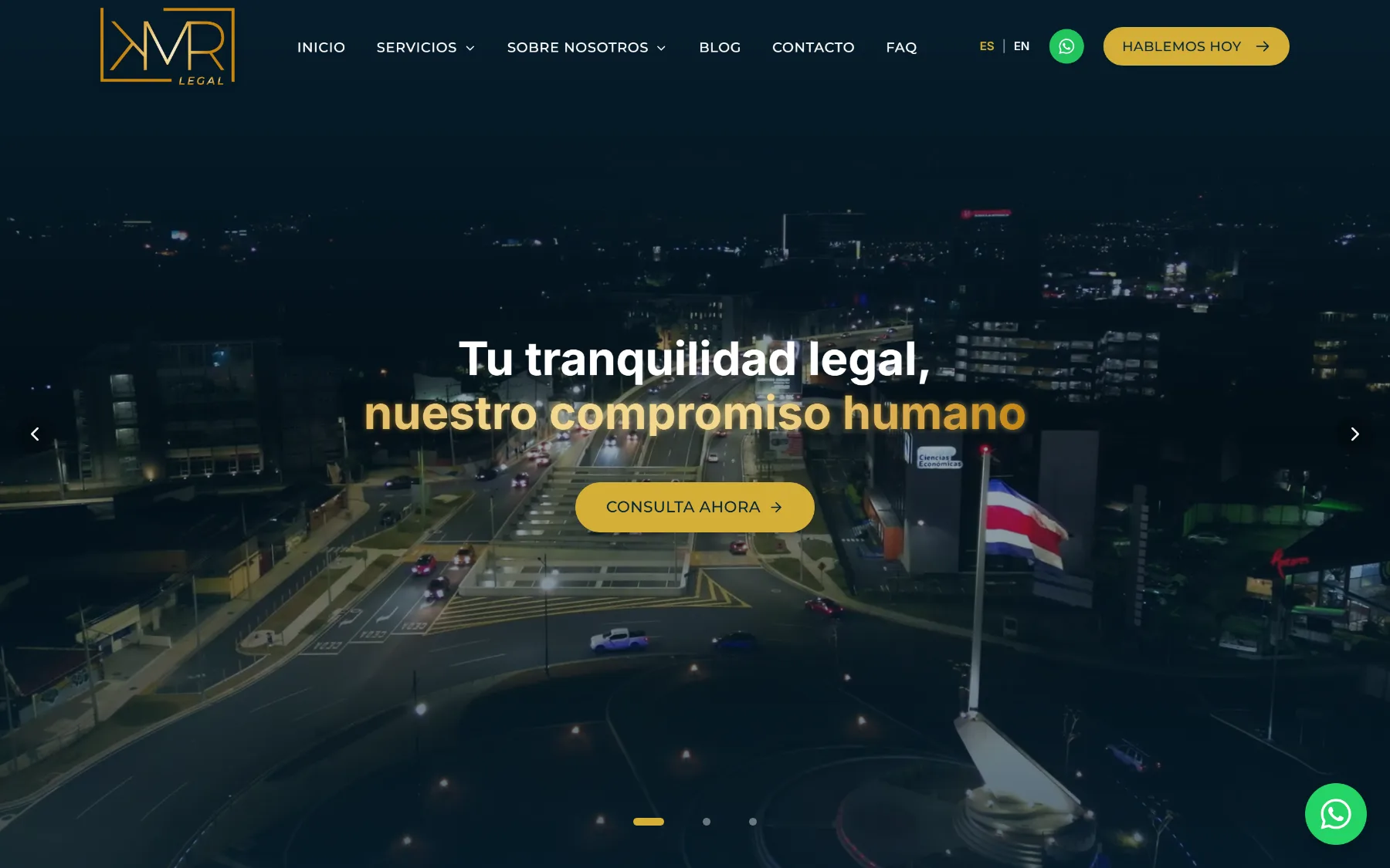 El sitio de KMR Legal en español, con su menú de servicios y una forma directa de pedir una consulta.